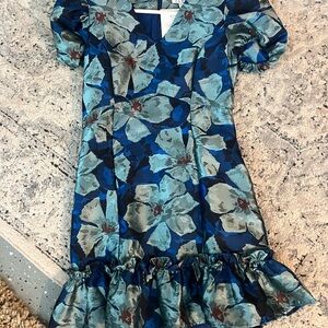 TCEC Blue Floral Puff Sleeve Ruffle Dress